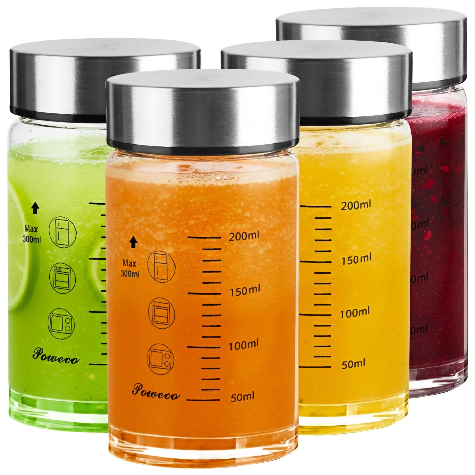 Glass Juice Bottles 4 Pack 20 oz - Wide Mouth Glass Water Bottles with Lids - for Juicing, Protein, Smoothie, Milk, Reusable, BPA Free, Stainless Steel Lids, Blender, Shaker Bottle (600ml)