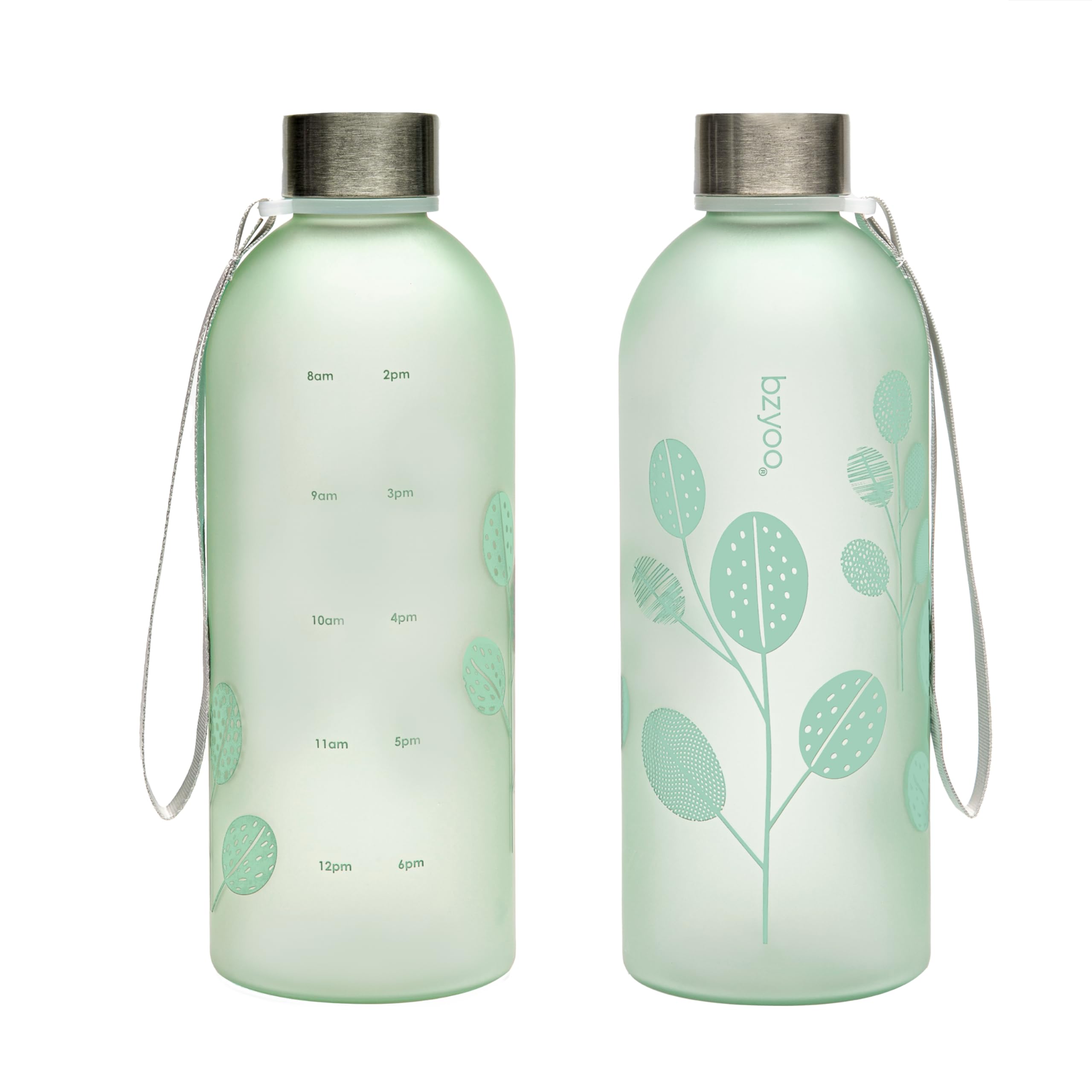 bzyoo 32 OZ 1 Liter Time Marker Water Bottle Frosted Durable Plastic With Strap - Reusable Clear Bottle With Times To Drink Time Markings For Daily Hydration Intake BPA Free (Silver)