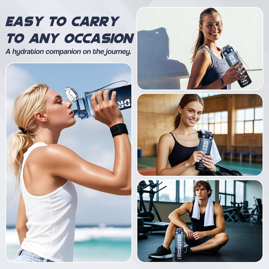Water Bottle, 16.9 OZ Sports Water Bottles with Time Marker Wide Mouth, Motivational and Leakproof Drink Bottle, BPA Free Tritan with Carry Strap for Gym Fitness Outdoor(1 Bottle)